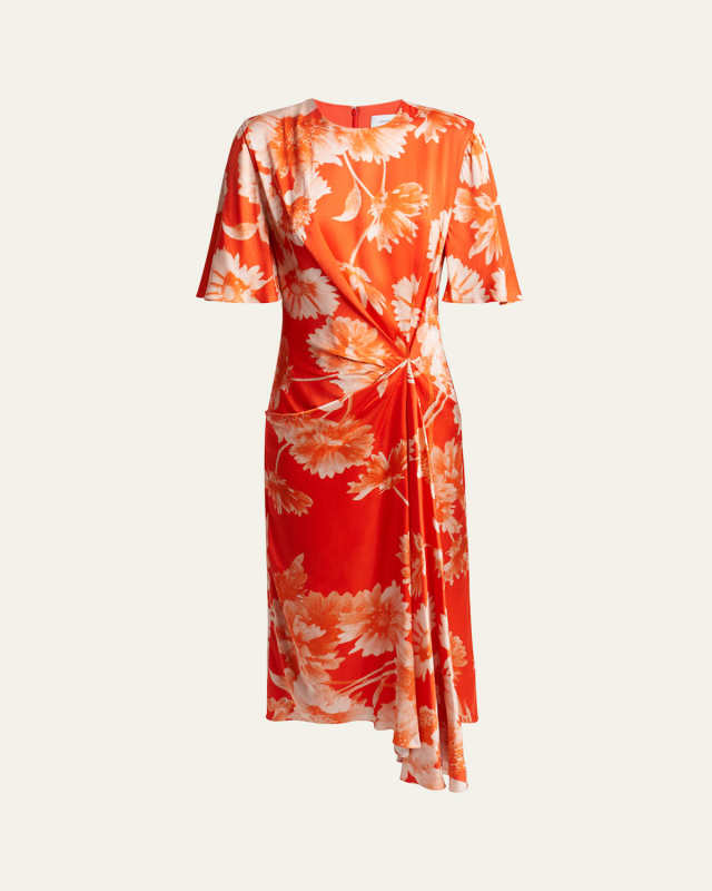 Floral Draped Asymmetric Satin Midi Dress